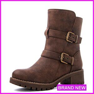 Faux Fur Lined Ankle Boots Chunky Moto Style Adjustable Buckles Winter Booties